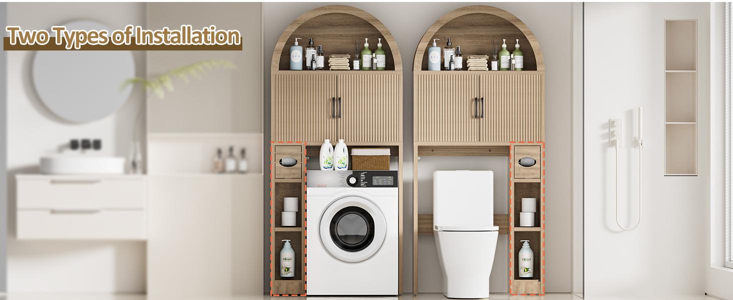 Over The Toilet Storage Cabinet, Freestanding Bathroom Organizer with Adjustable Shelf and Anti-Tip Device, Arched Cabinet with Doors, Space-Saving Toilet Storage for Bathroom, Laundry, Mini Bar Modern Organization Design