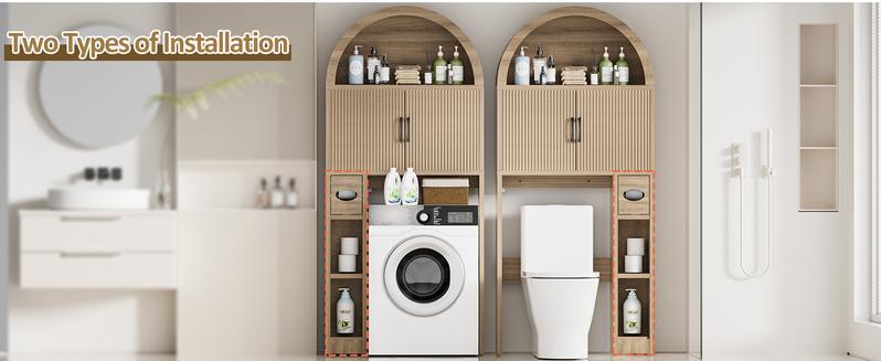 【Suitable for Laundry Room / Bathroom / Mini Bar...】AHB Over The Toilet Storage Cabinet, Freestanding Bathroom Organizer with Adjustable Shelf and Anti-Tip Device, Arched Cabinet with Doors, Space-Saving Toilet Storage for Bathroom, Laundry, Mini Bar