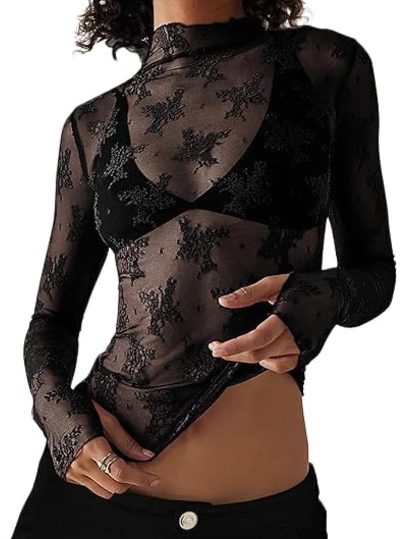 Women's Floral Layering Lace Tops With Thumb Hole, Mesh See Through Slim Shirt All Seasons, Micro Elasticity Long Sleeve Mock Neck Sxy Style