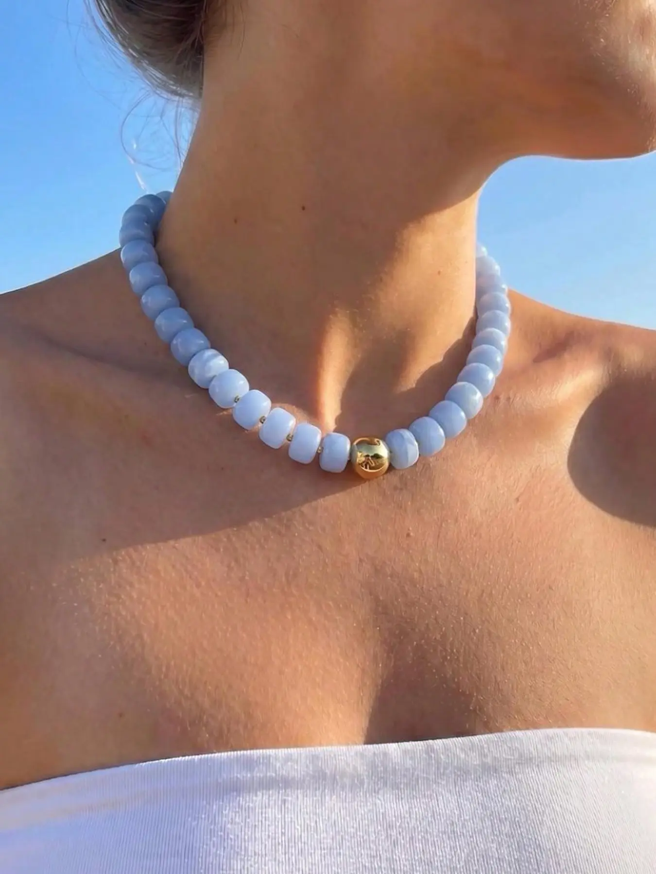 1 Piece Blue Beaded Choker Necklace, Round Flat‑shaped Beads Gold‑colored Spacer Bead, Minimalist Casual Beach Hand‑made Bead Collar Necklace, Daily Holiday Vacation Jewelry Accessories for Women