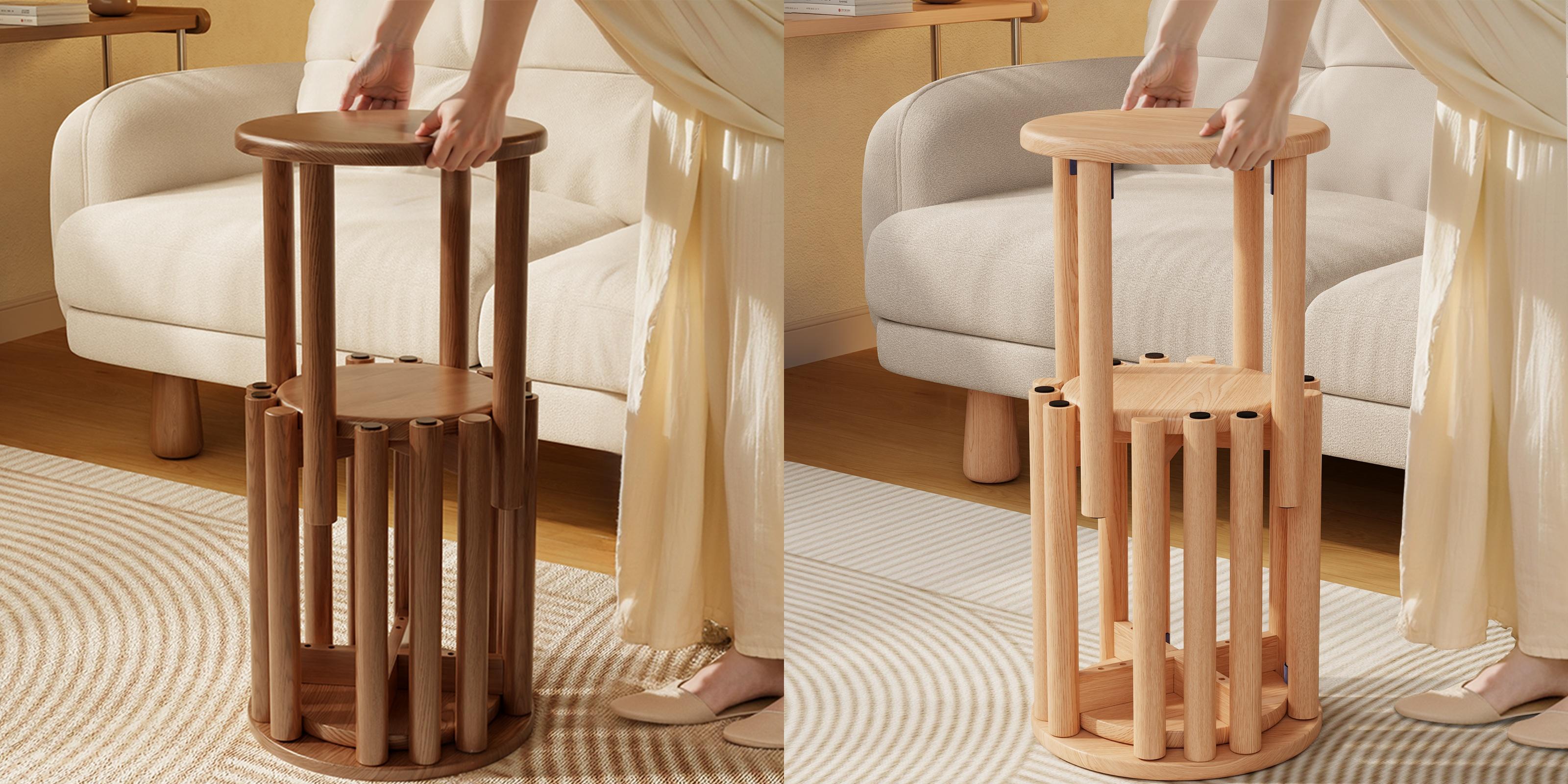 【Summer】TimberKnows Set of 4 Stackable Solid Wood Stools – 18" Round Nesting Tables, Fully Assembled, Durable & Space-Saving Design