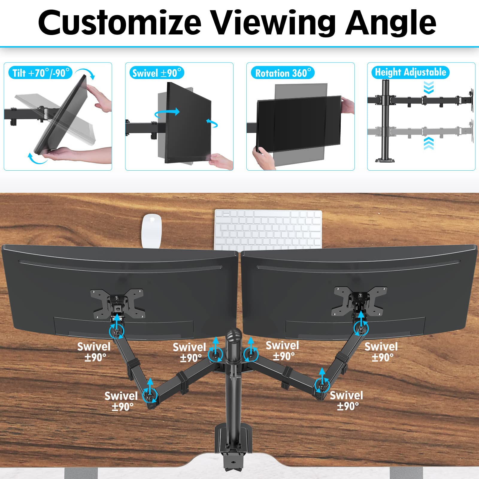 MOUNTUP 17"-32" Dual Monitor Desk Mount, Max 27" for Curved Screens, Each Hold Up to 19.8lb, VESA 75x75mm or 100x100mm, Fully Adjustable Dual Monitor Arm for 2 LCD Screens, Dual Monitor Stand with C-Clamp and Grommet Base MU0002
