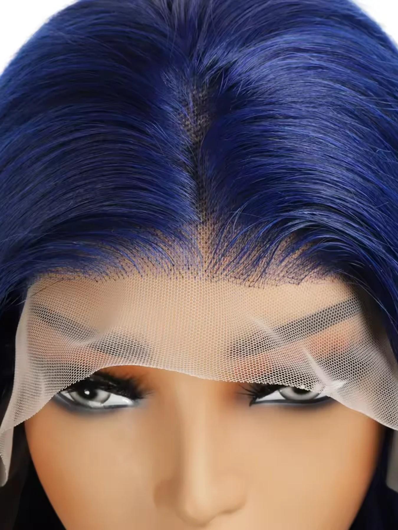 28-Inch Deep Blue Straight Wig for Women, Soft Lace Front, 180% Density, Pre-Plucked, No Glue, Heat Resistant, All Seasons