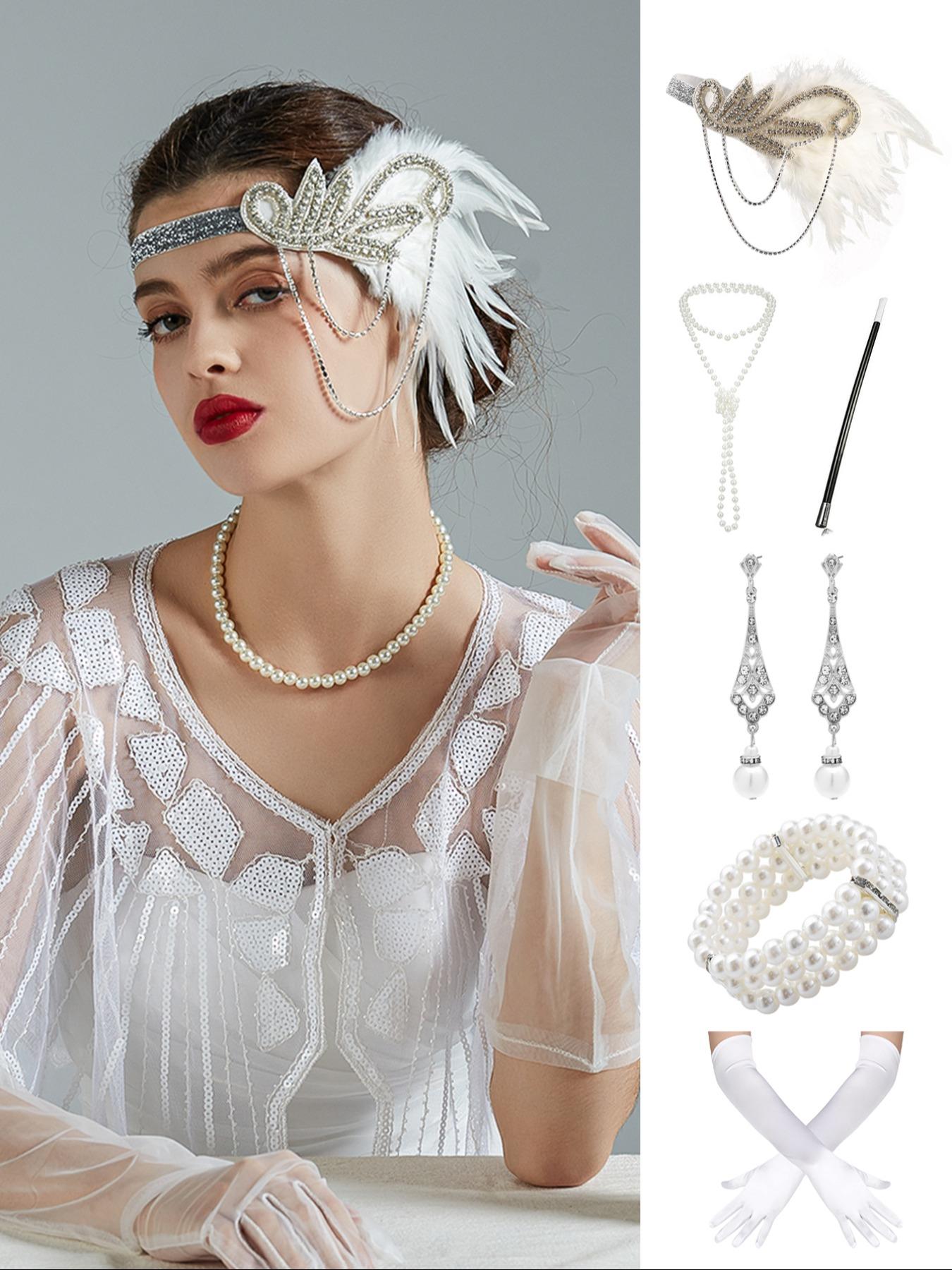 5PC/Set 1920s Flapper Set for Women,Roaring 20s Headband Headpiece Costume Accessories for Halloween Party Cosplay