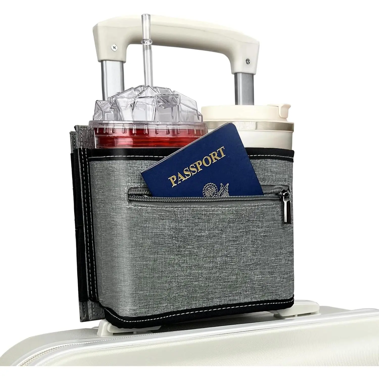 Travel Luggage Cup Holder,  Drink , Luggage Cup Holder Attachment, Free Hand Suitcase Drink Carrier for Drinks Beverages, Coffee, Bottles, Snack (Gray)