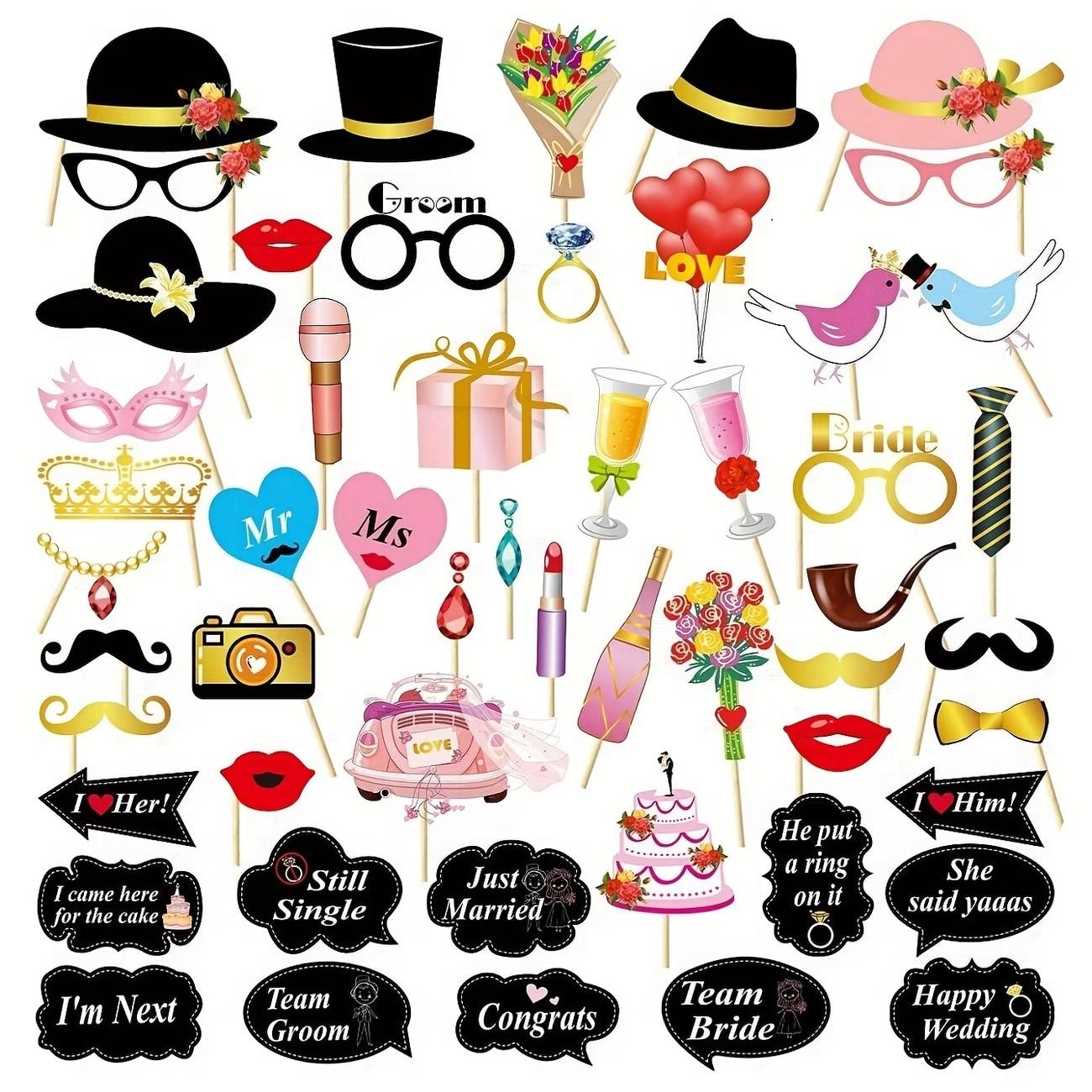 53 Pieces Wedding Photo Booth Props Set, Includes Bride Gift Tag Signs, Party Supplies, Singles Party Backdrop, Selfie Area Decorations