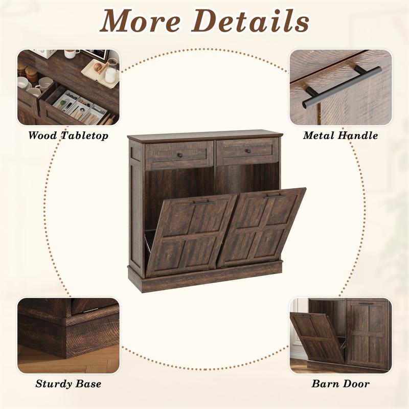 Trash Can Cabinet, 10 Gallons / 20 Gallons Farmhouse Hidden Wood Garbage Can Bin Cabinet with Drawers, Tilt Out Laundry Hamper with Laundry Storage Basket for Bathroom, Kitchen, Brown/Antique White