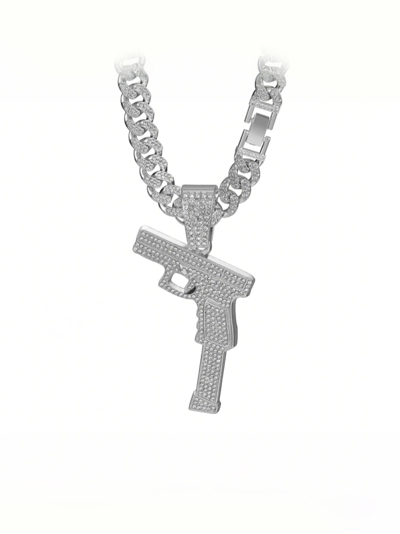 Hip Hop Gun Shape Zircon Pendant Necklace, Alloy Cuban Link Chain Street Style Art Culture Jewelry, Unisex Hipster Fashion Accessory
