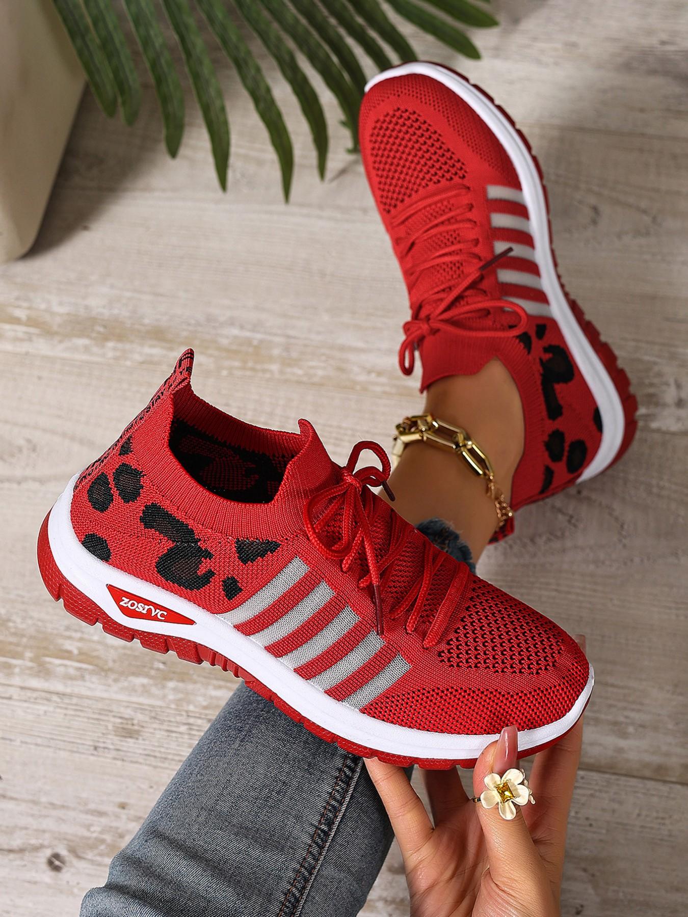 Women's Leopard Print Lightweight Lace-Up Sports Shoes, Breathable Shock Absorption Non-Slip Rubber Sole, Casual All-Season Low Top Sneakers