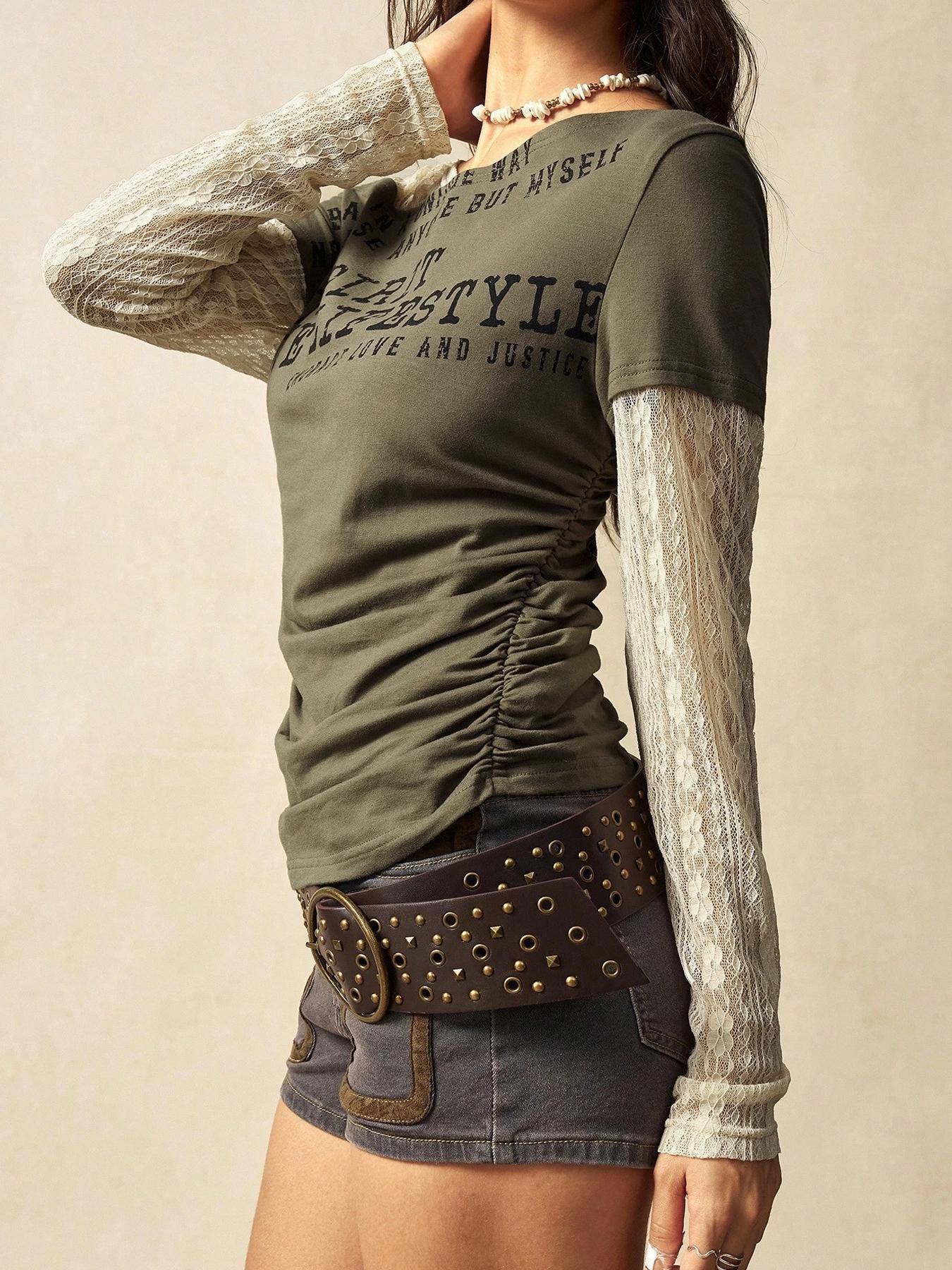 Letter Print Faux Two-Piece Long Sleeve Fitted T-Shirt, American Vintage Style, Casual Daily Wear, Street Fashion, Men's Clothing