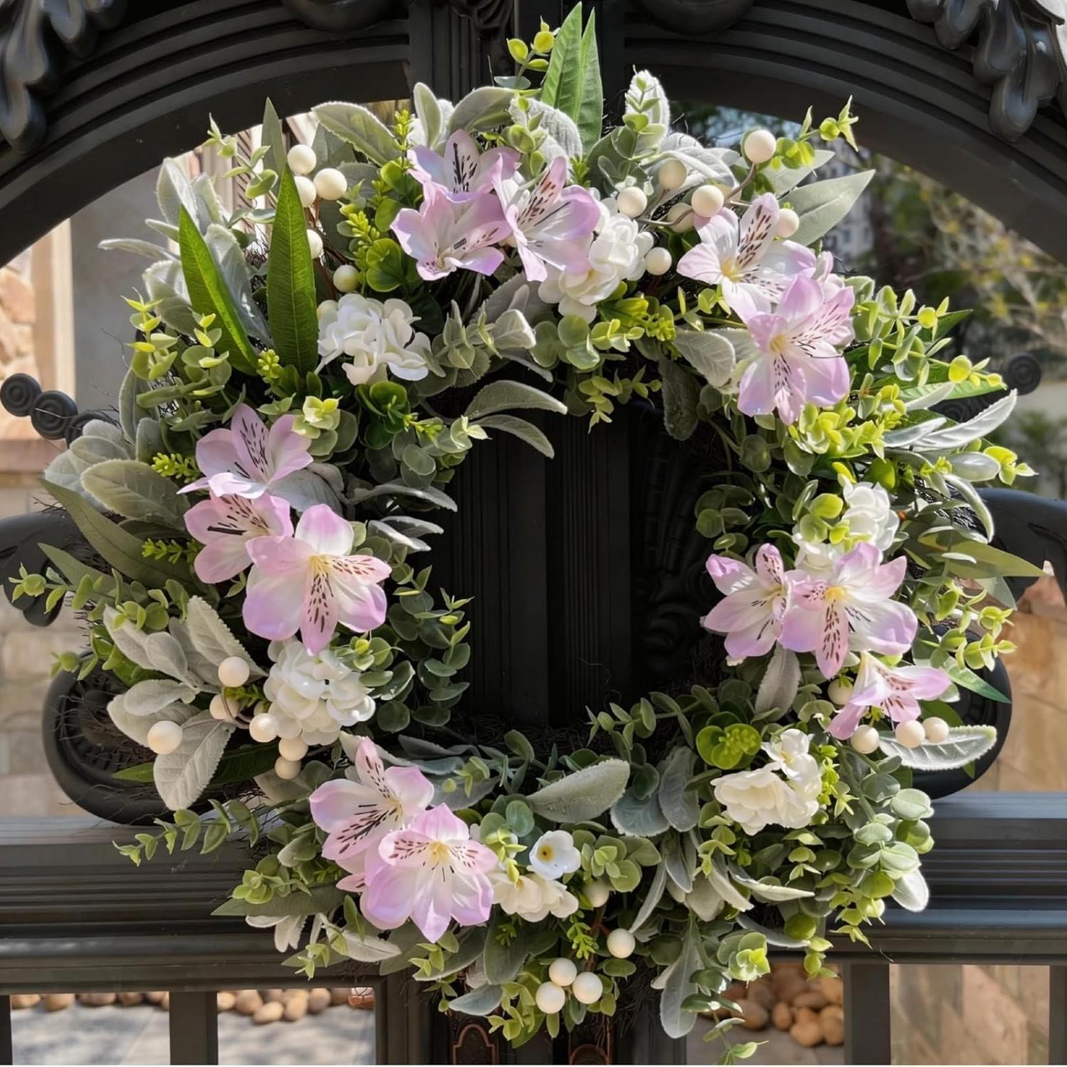 Front Door Wreath, Eucalyptus Leaf Wreath with Flowers and Berries, All-Season Greenery, Farmhouse Home Decor, Indoor Outdoor