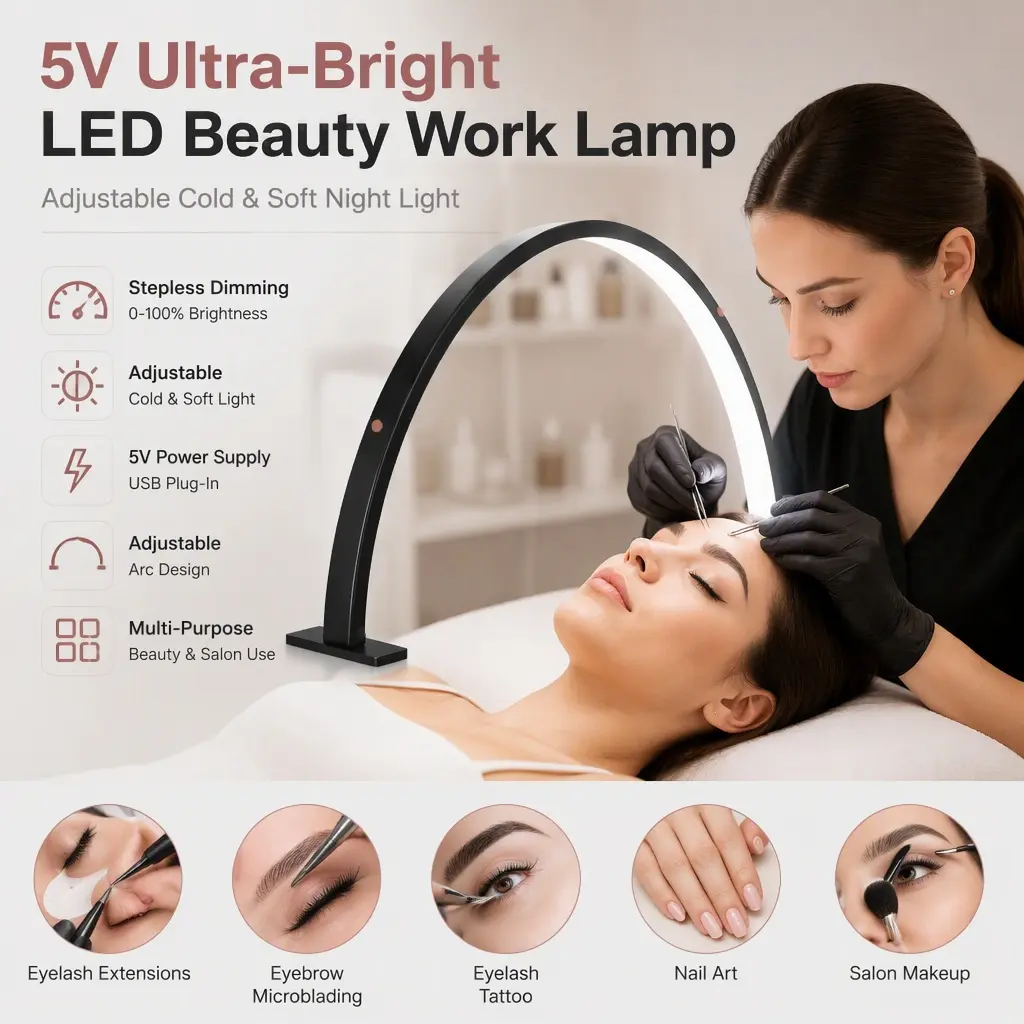 5V Ultra‑Bright LED Beauty Work Lamp, Adjustable Cold & Soft Night Light, Esthetician Lighting for Eyelash Extensions, Eyebrow Microblading, Eyelash Tattoo, Nail Art & Salon Makeup