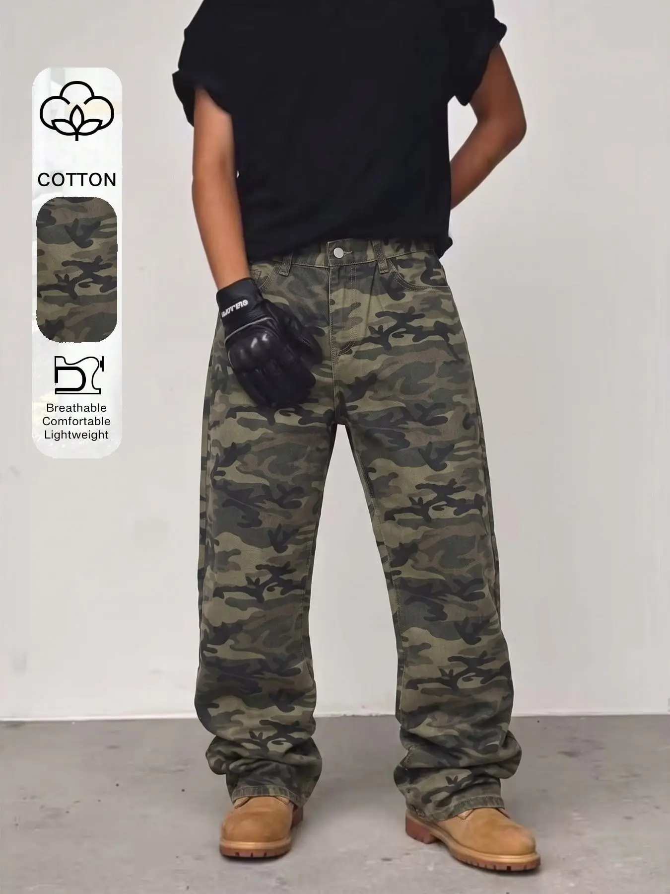 Men's All-Season Classic Jungle Camo Print Loose Fit Straight Leg Denim Mid Waist Jeans, American Vintage Workwear, Street Style Casual Long Pants