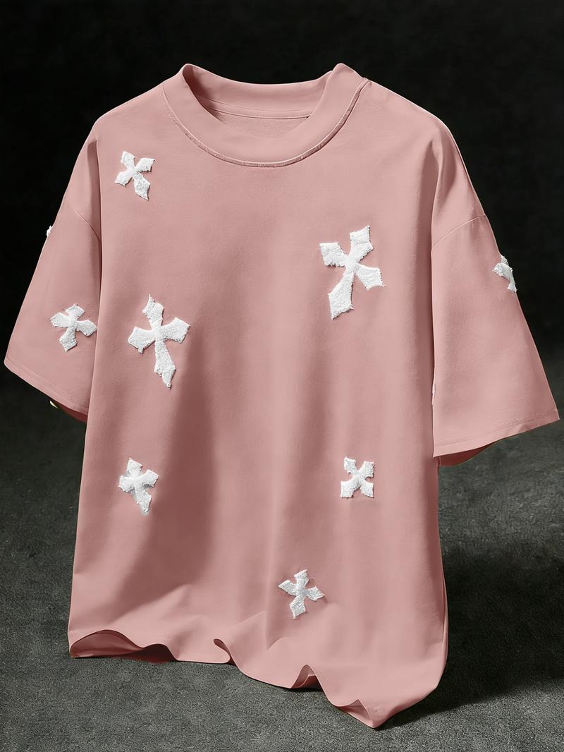 Men's Cross Stitch Embroidered Solid Color Round Neck T-Shirt, Casual Fitted Long Sleeve Top for All Seasons, Sporty College Style