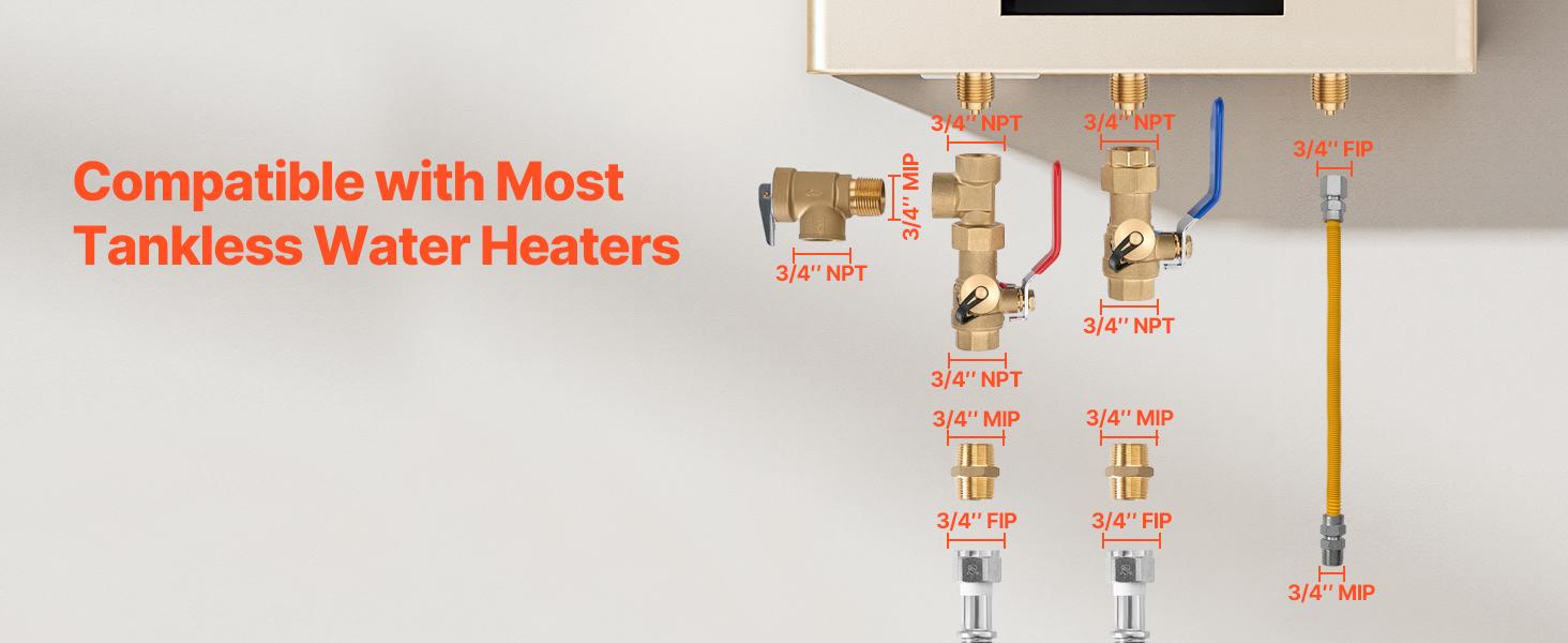 VEVOR 3/4 Inches Brass Steel Water Heater Kit, Corrosion Resistant Plumbing Repair Kit with 600 WOG Isolation Valves, Pressure Relief Valve, Dual-Layer Gas Hose, Standard Fit for Most Tankless Water Heating Brands