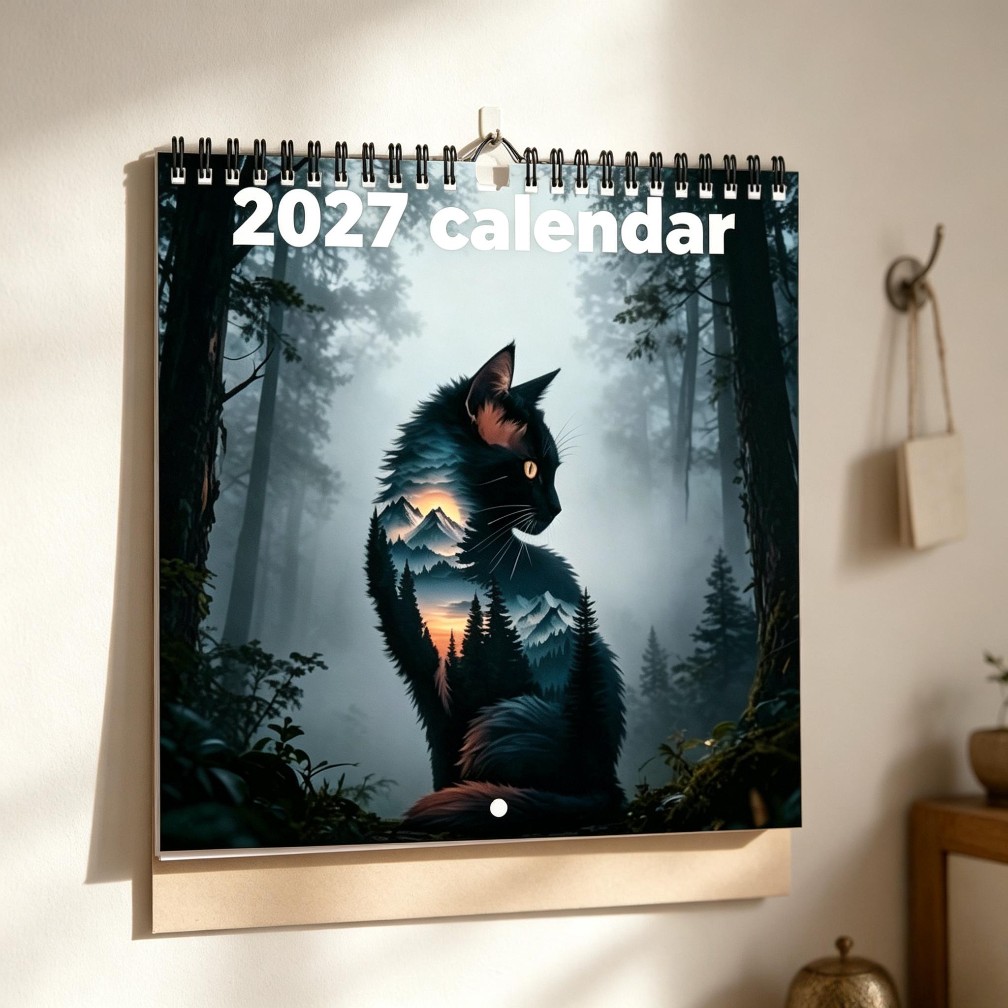 12-month thick laminated wall calendar, spiral bound with double-sided printing. 1 copy of the 2027 cat-themed planner calendar, cute and fun cat aesthetic, perfect for home or office, a great gift for Christmas and New Year.