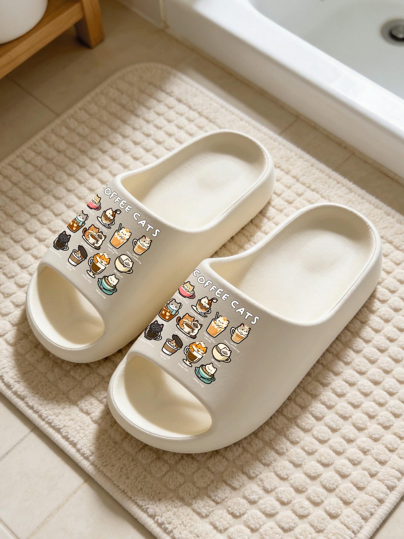 1 Pair Coffee Cat Themed Printed Thick Sole Slippers, Cute Healing Style, Non-slip Soft Sole, Indoor & Outdoor Dual-use, Open Toe Slides, Casual Slippers