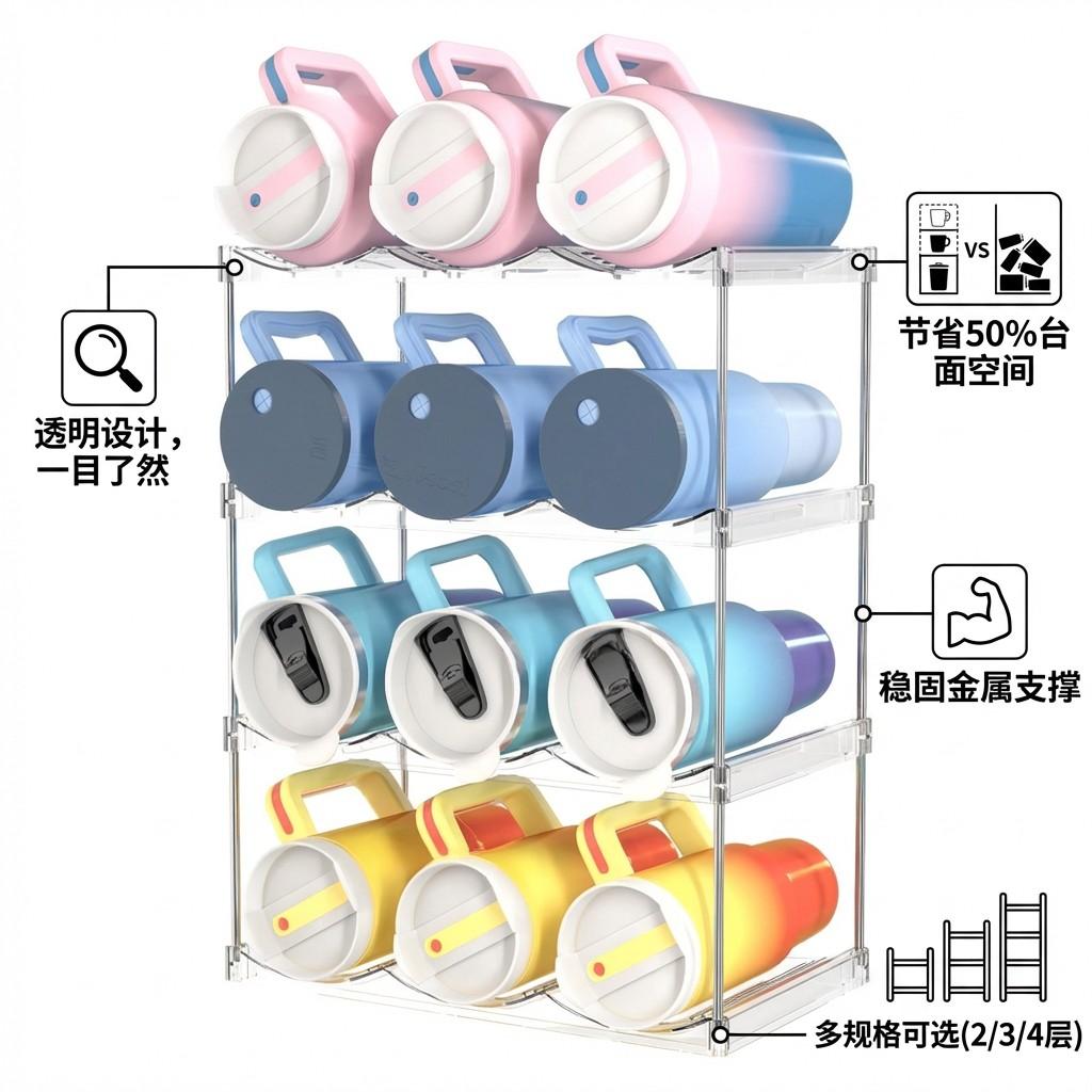 Multi-Layer Stackable 40oz Water Cup Storage Rack, Ps Plastic Wine Bottle Holder, Space-Saving, Dishwasher Safe, Ideal for Kitchen Dorm Office