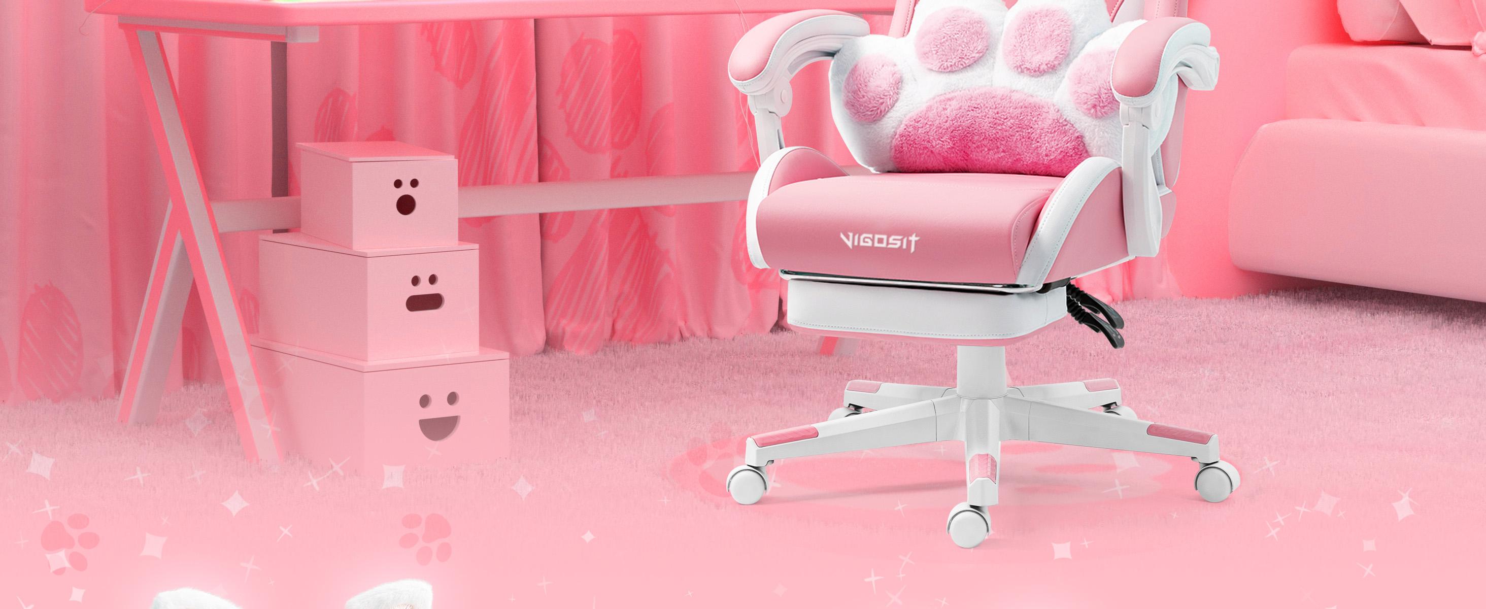 Pink Cat Ears PU Leather Ergonomic Office Desk Chair - Reclining Gaming Chair with Footrest, 310lb Capacity, 6-Position Recline, 360° Swivel, Commercial Office Furniture Camping Essential cross criss