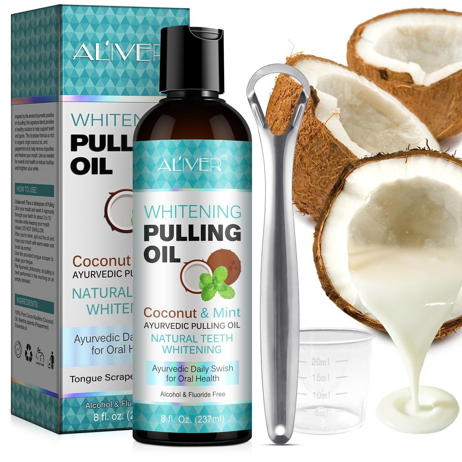 ALIVER 3-Piece Coconut Oil & Mint Mouthwash Set, including 237ml of Coconut Oil & Mint Mouthwash + 1 tongue scraper + 1 measuring cup. With a refreshing coconut oil and mint scent, it freshens breath, eliminates bad breath, and cleans teeth.