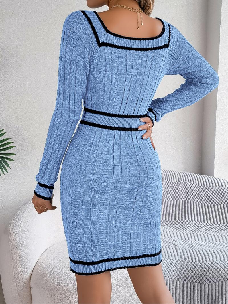 Women's Striped Print Button Decor Raglan Sleeve Sweater Dress, Casual Long Sleeve Square Neck Bodycon Knit Dress for Spring & Fall, Women's Knitwear for Daily Wear, Casual Dresses