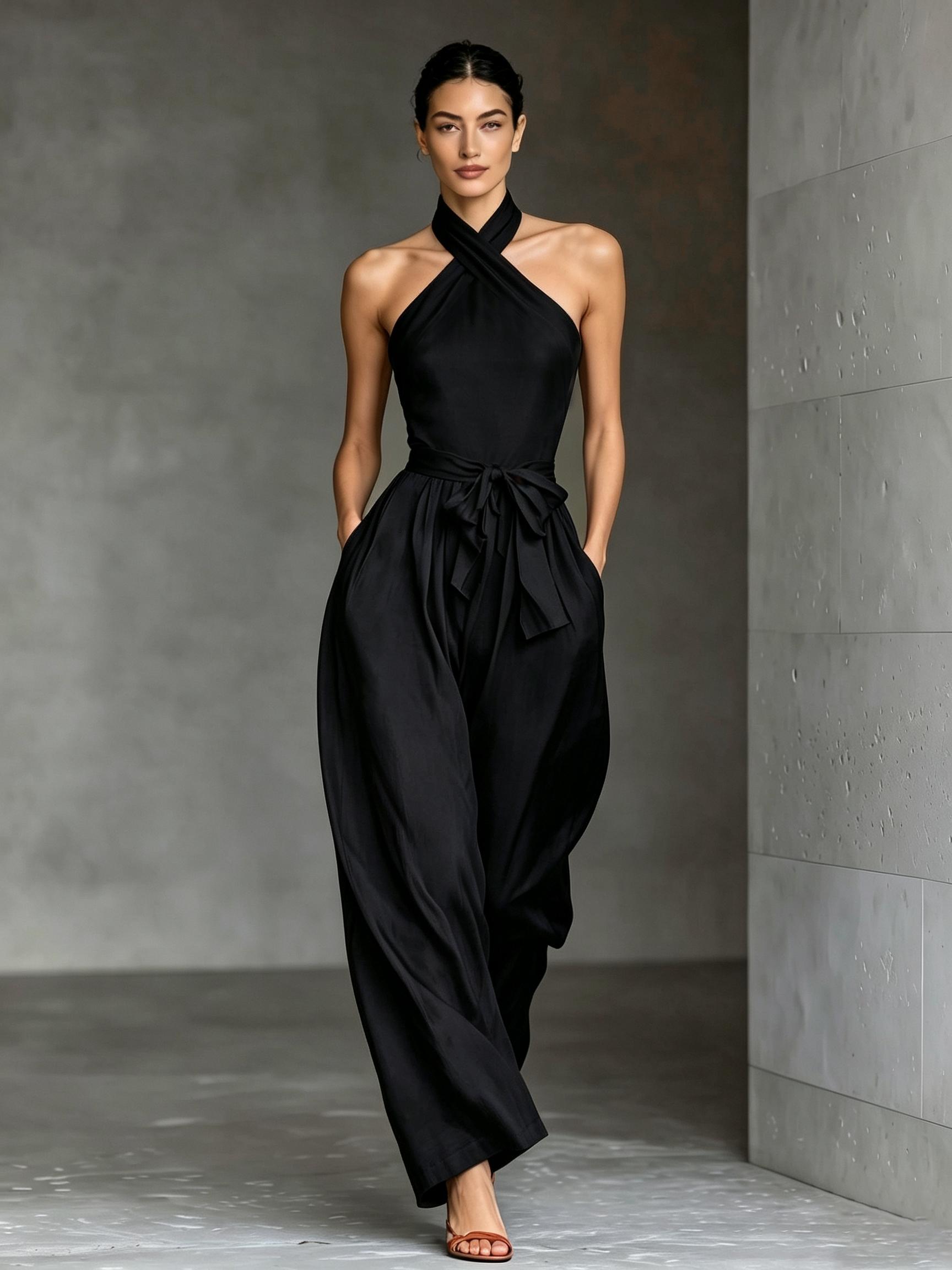 2026 Trendy Girl Wrap Halter Neck Jumpsuit, Adjustable Waist Wide Leg Pants with Pockets, Lightweight Breathable Earth Tone Sleepwear, Day Night Wear