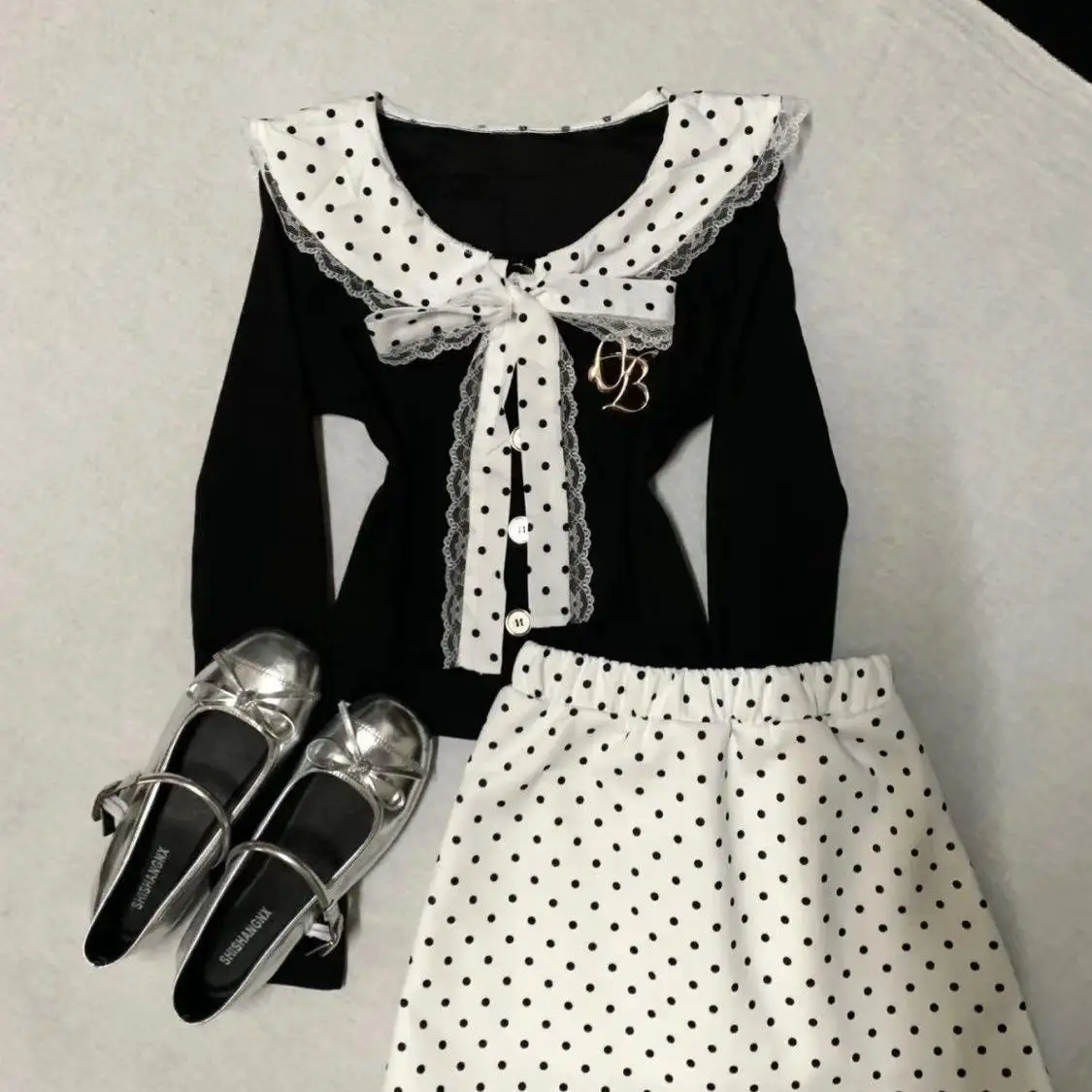 2 Piece Coquette Outfit Women Long Sleeve Top with Polka Dot Lace Trim Collar Bow and Mini Skirt Set Sweet Lolita Matching Set