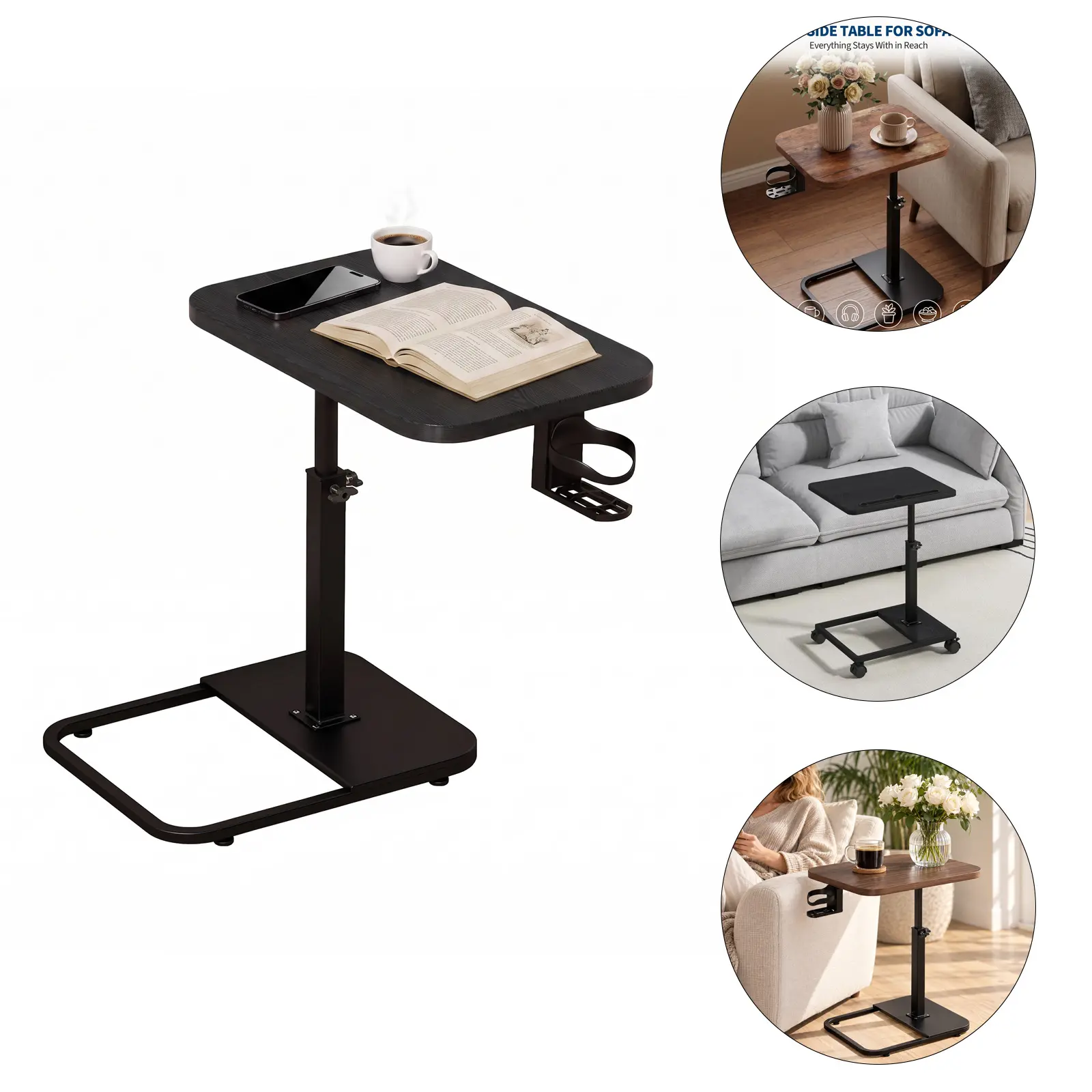 Height Adjust C Shaped End Table with Wheels for Couch, Rolling Side Table with Grooved, Sofa Table Slides Under Couch or Bed, TV Tray Table for Eating,Working