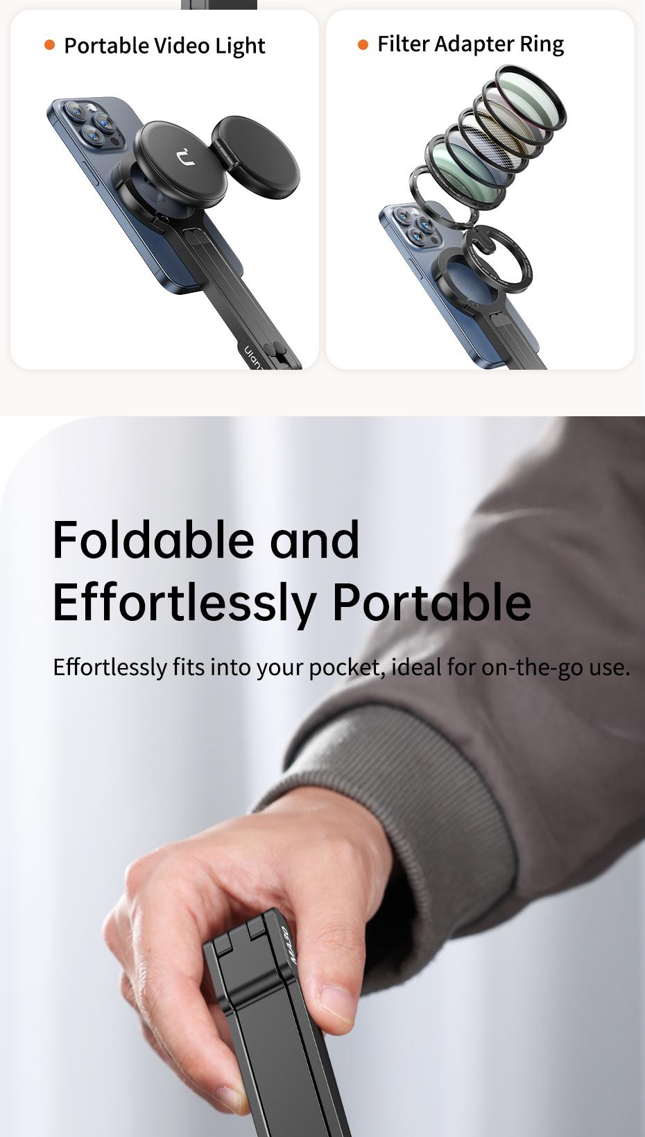 ULANZI MA30 Magnetic Phone Tripod Stand for iPhone - Aluminium Smartphone Mini Tripod Foldable Pocket Cell Phone Stand Dual-Sided Magnet Quick Mount Compatible with iPhone 16 15 14 13 12 Magsafe