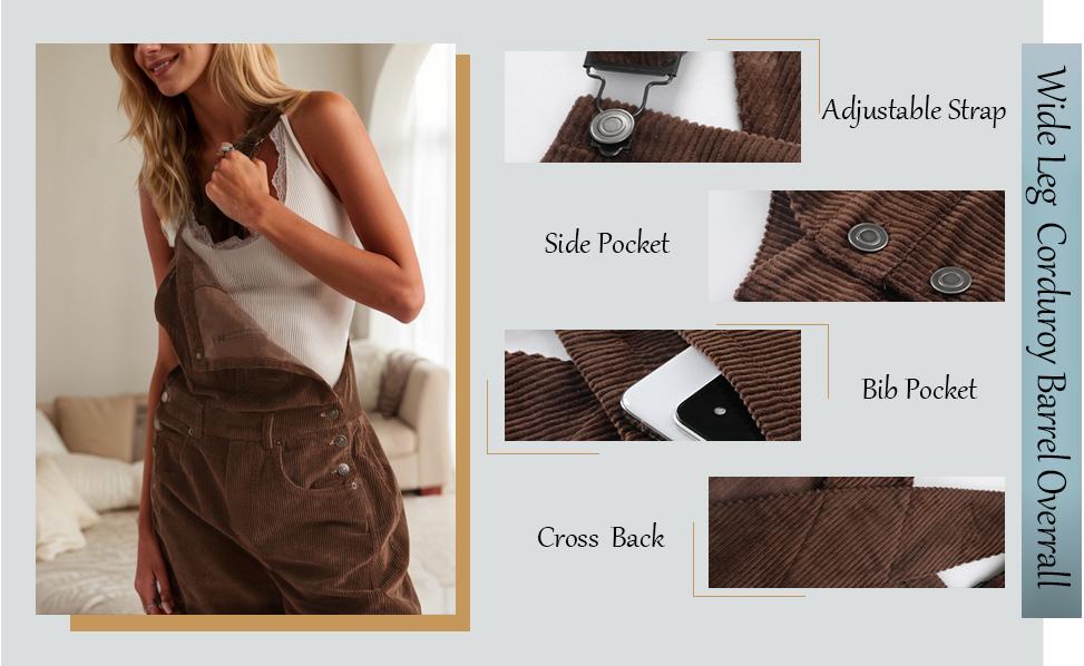 Molitree Women's Corduroy Overalls Barrel Wide Leg Bib Pants Adjustable Romper Jumpsuit with Pockets Casual Wideleg Womenswear Brown Molitree Women's Corduroy Overalls Barrel Wide Leg Bib Pants Adjustable Romper Jumpsuit with Pockets Casual Wideleg Womenswear Brown