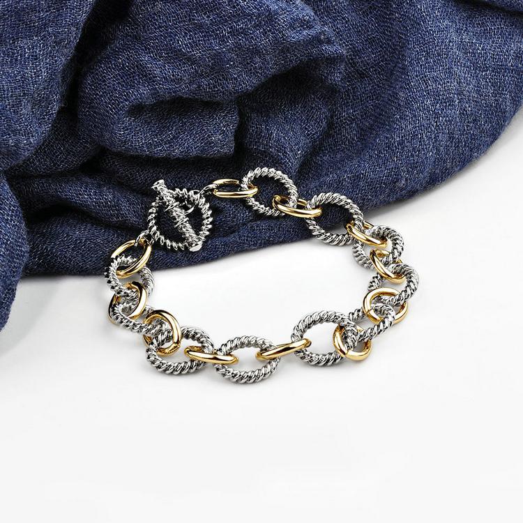 Braided Wire Cable Non Tarnish Bracelet with Two-Tone Circle Chain Link Bangle for Women & Girls