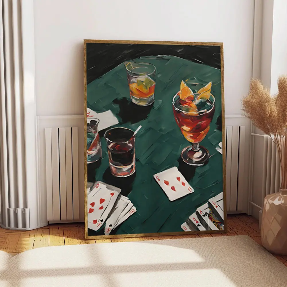 1pc Frameless Poker Wall Art Decor - Modern Classic Art Deco Canvas Print, Vibrant Whiskey & Cocktail Glasses with Playing Cards Design, Vertical Home Decor for Living Room, Bedroom, Office, Dorm - Spring Summer Aesthetic Gift