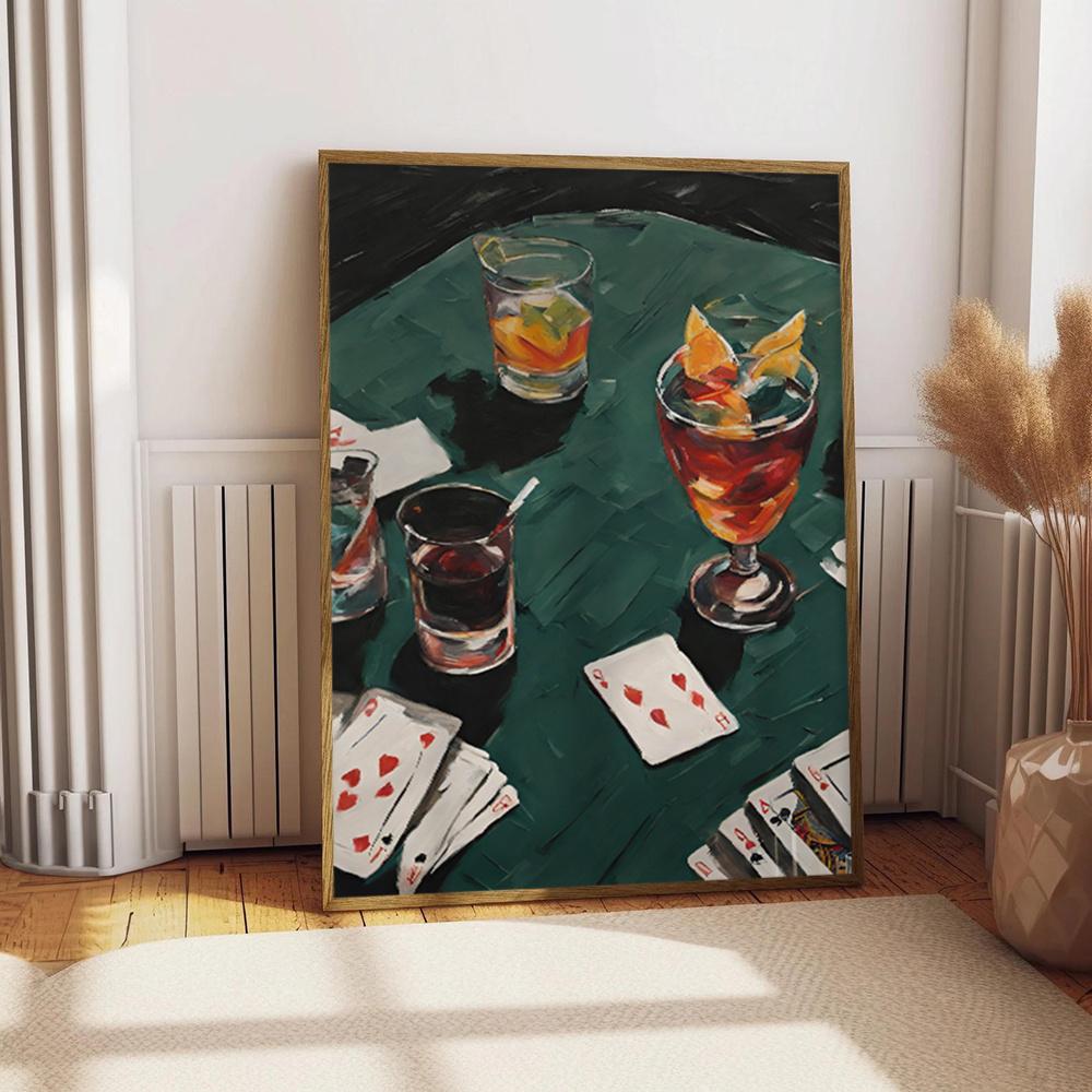 1pc Frameless Poker Wall Art Decor - Modern Classic Art Deco Canvas Print, Vibrant Whiskey & Cocktail Glasses with Playing Cards Design, Vertical Home Decor for Living Room, Bedroom, Office, Dorm - Spring Summer Aesthetic Gift