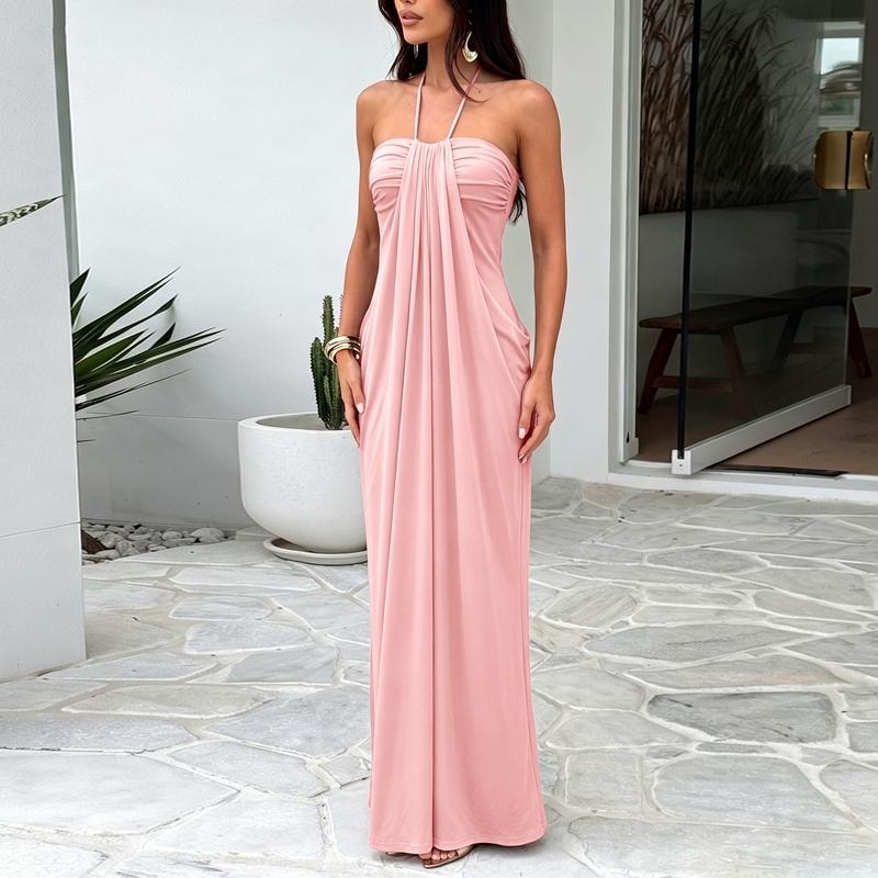 Women's Solid Color Ruched Bodycon Halter Neck Dress, Sexy Sleeveless Strapless Backless Slim Fit Tube Dress, Party Club Date Gown Dress, Elegant Slim Fitting, Casual Daily Maxi Dresses For Ladies Summer