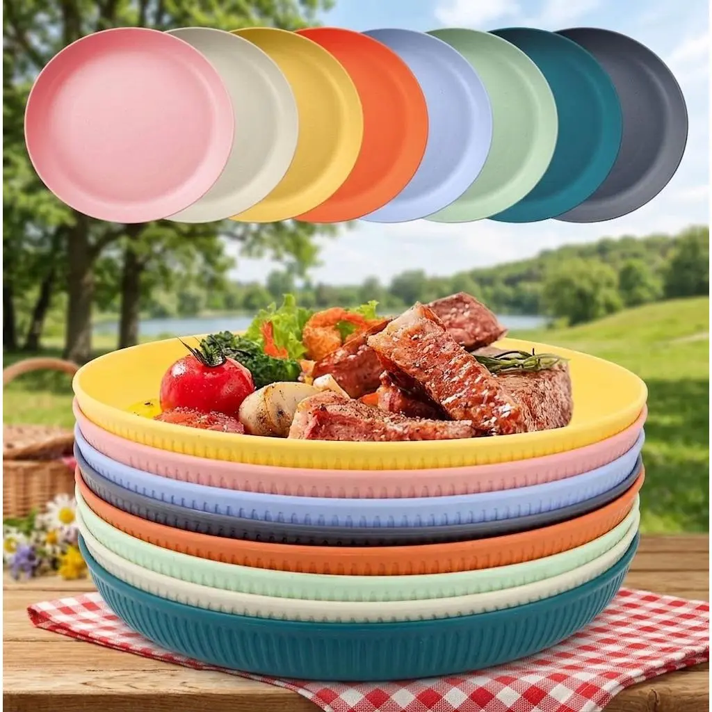 [HUOMAQFAN]8-Piece Unbreakable Plastic Dinner Plates Set, 9 Inch Reusable Deep Dishware Plates, BPA-Free & Dishwasher Safe Lightweight Serving Dishes for Kids, Microwave Safe Camping Plates