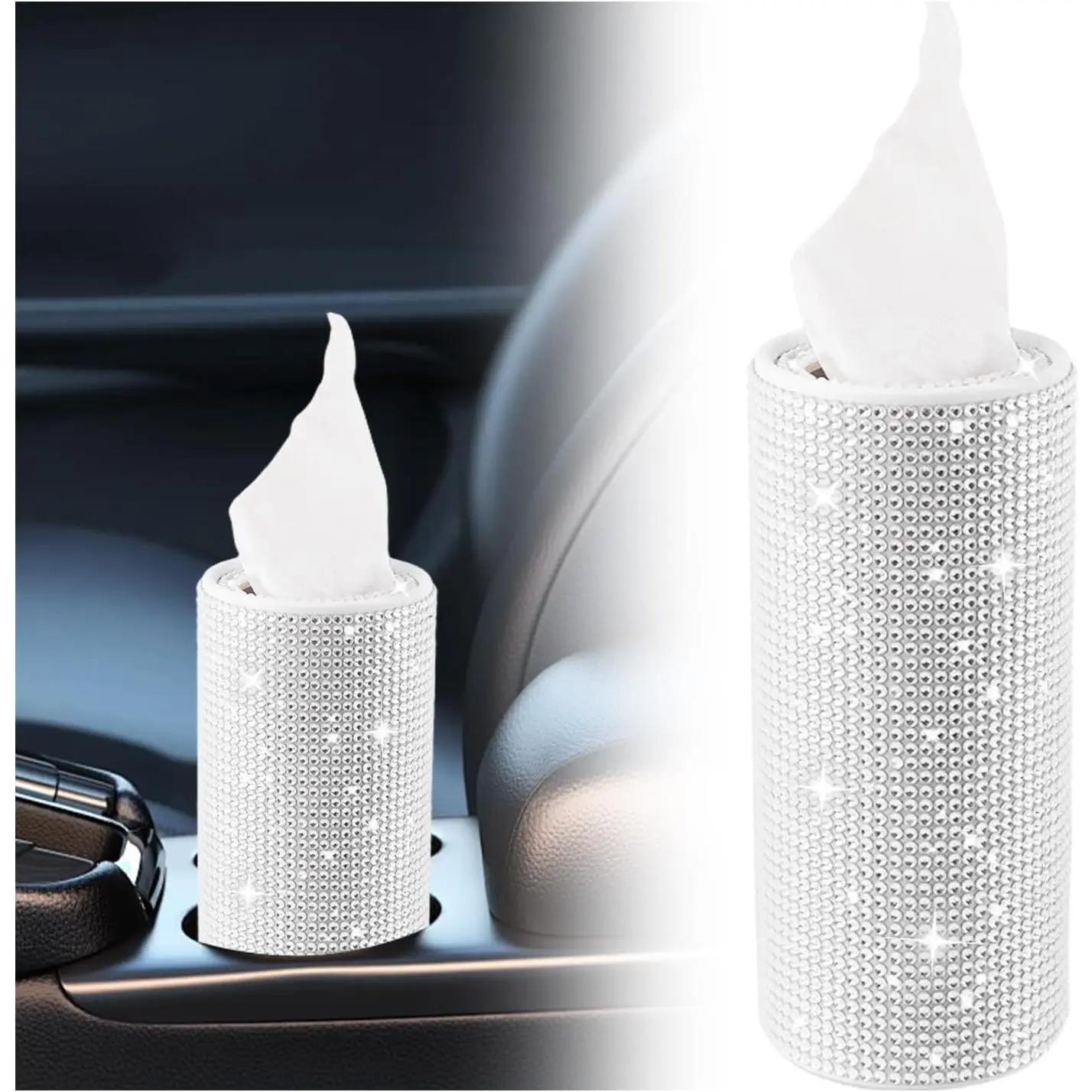 Bling  Tissue Holder for Cup Holder,Rhinestone Travel  Tissue Box(30 Tissues/3-ply), Cylinder Tissues Dispenser for  Interior Decor as  for Women (White)