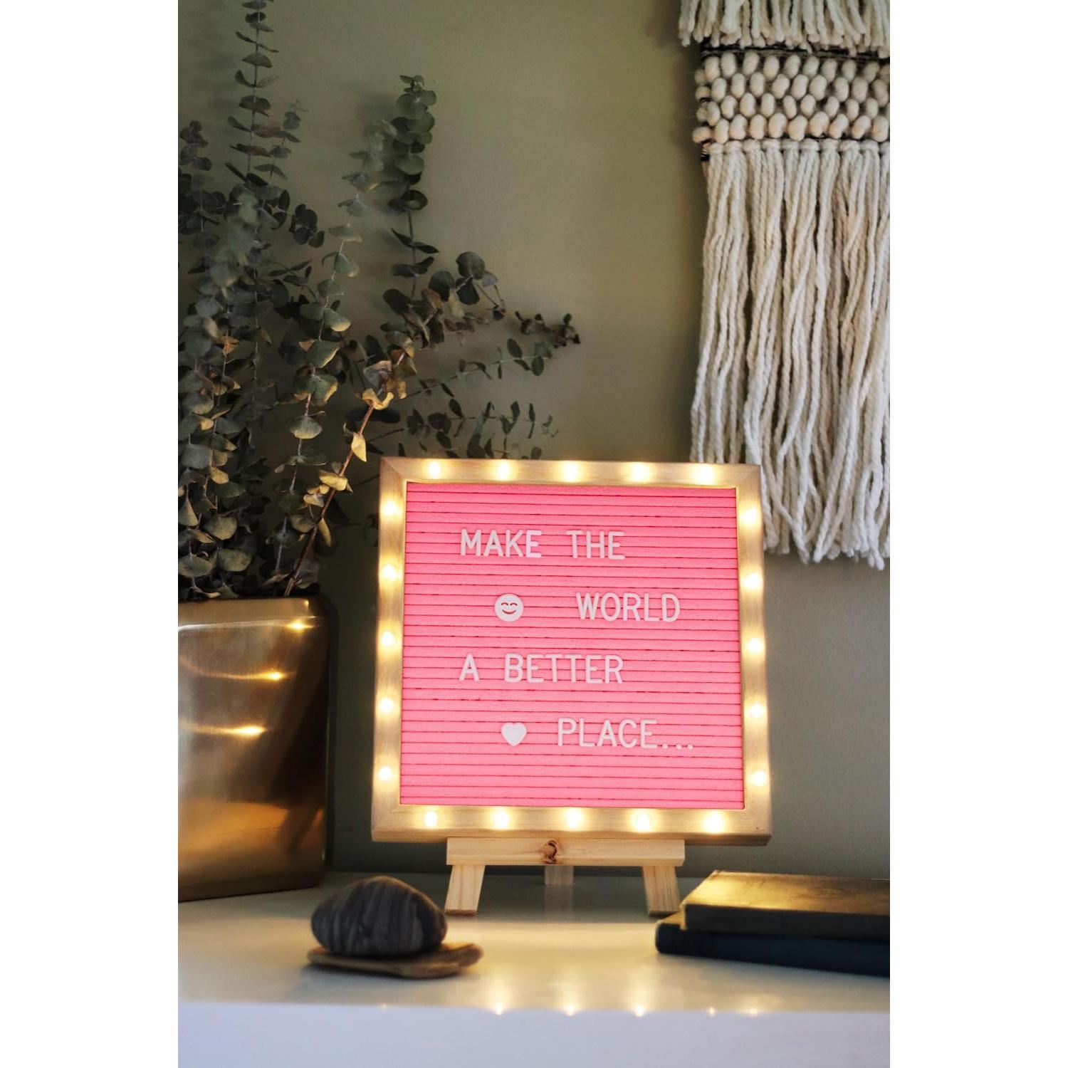 Letter Board THE   Felt Board with Stand, -in LED Lights 10 x 10 -Menu Board +  Frame, 340 Letters, Emojis + Cursive words - Custom Sign Messages,  Announcement, Weddings