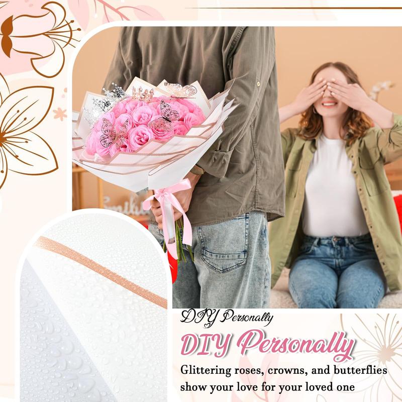 24/36 Pcs Valentine Gift Glitter Roses Bouquet Set DIY Fake Flowers Bouquet with 3D Butterflies Crowns Alphabet Stickers & Ribbons for Girlfriend Wife Mom Friend Women Gift Perfect for Valentine's Day Birthday Engagement Wedding Anniversaries Graduation