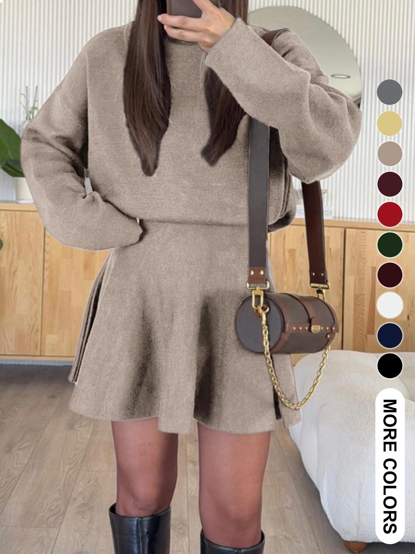 Women's Casual Mock Neck Sweater Dress, Fall/Winter Long Sleeve Solid Relaxed Fit Knit Dress