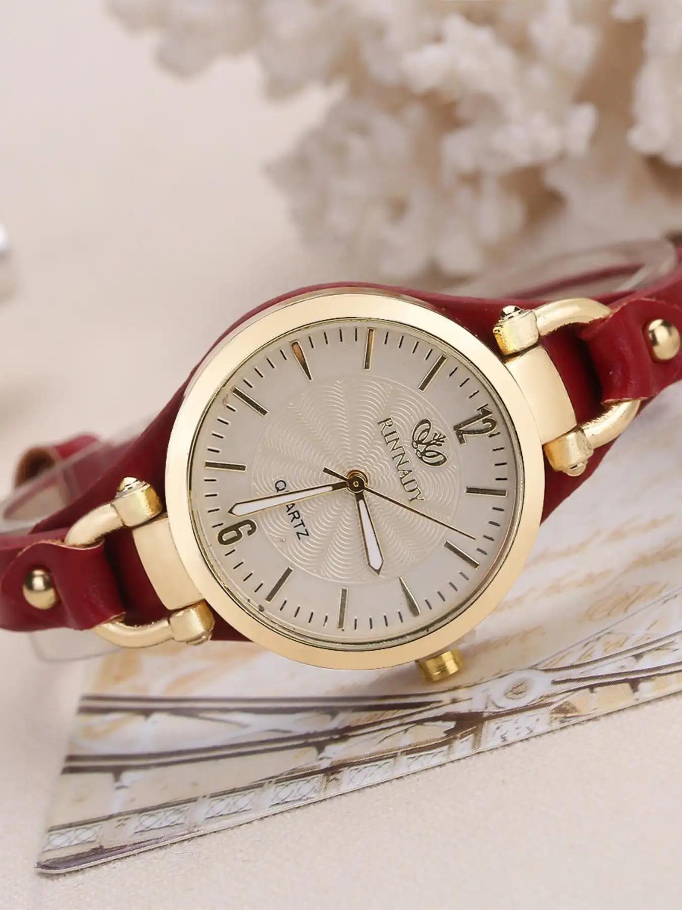 1-piece set of women's fashionable Pu leather strap quartz watch, casual simple round dial buckle watch