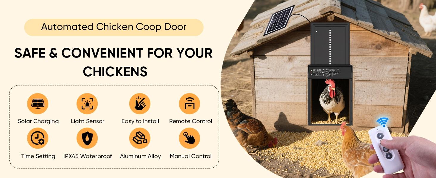 Solar-Powered Automatic Chicken Coop Door, Timer Function & Light Sensor, 4 Modes LCD Display, Anti-Collision Rainproof Aluminum Alloy Gate