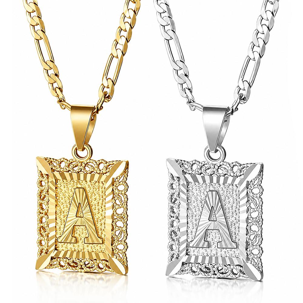 14K Gold Plated Personalized Square Capital Monogram Pendant Necklace, 2PCS Initial Letter Pendant from A Z Figaro Chain Necklace Jewelry Gift Fashion Jewelry Gift for Holiday Haul Christmas Birthdays Anniversaries