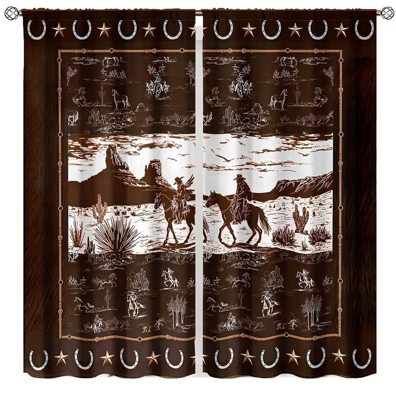 2 pieces of high-definition digital 2 Western-style cactus and palm brown design printed curtains. Made of polyester, semi-transparent, machine washable, suitable for bedrooms, living rooms and home decoration curtains.