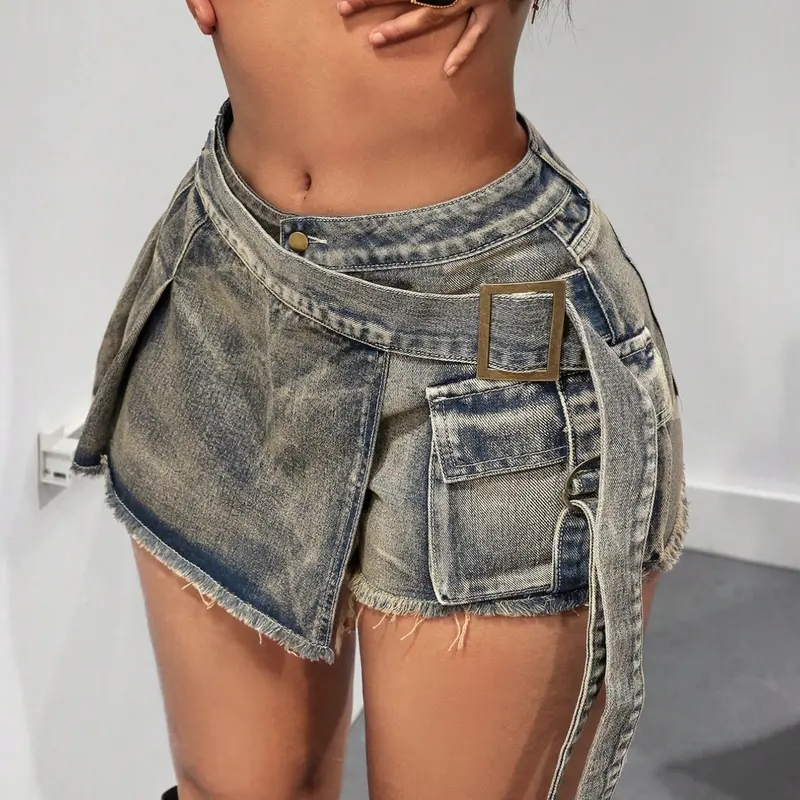 Vintage High Waist Denim Skirt Pants, Anti-Slip Sexy, Casual Fitted Aesthetic Design, Plain Pattern, Women's Fashion, Bottoms, Light Wash, Top Shorts