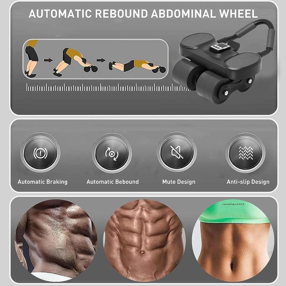 Professional 2026 New 4 Wheel Ab Wheel Roller with Thick Knee Protection Mat & Countdown Timer, Automatic Rebound Abdominal Trainer with Elbow Support, Home Fitness Abs Exercise Equipment for Men Women
