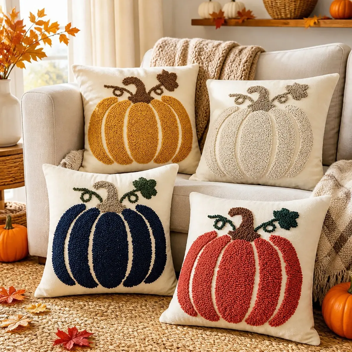 Fall Pillow Covers for Couch, Pumpkin Halloween Decorative Cushion Covers, Cozy Autumn Home Decor for Living Room Sofa, Farmhouse Style Throw Pillow Case, Seasonal Decoration for Fall Thanksgiving and Holiday Home