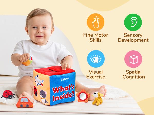 JoyCat Baby Toys, Surprise Mystery Soft Box with 10 Sensory Objects, Rattle, Crinkle Paper, Mirror, Soft Busy Toys, Stuffed Sensory Toys, Christmas Gift for Boys & Girls