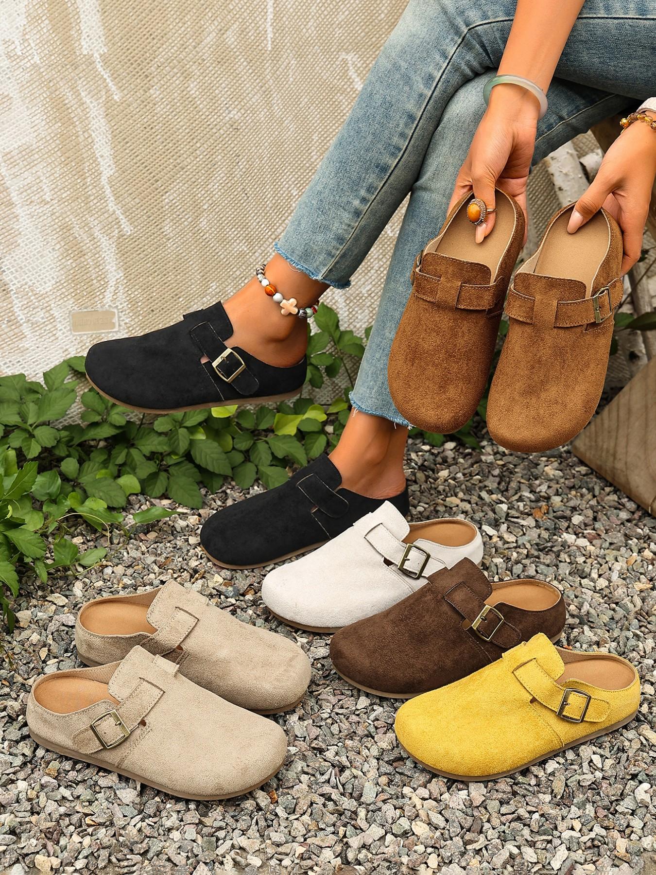 Women's 2026 Spring Summer New Velvet Slip-On Shoes, Wide Fit Comfortable Casual Flat Thick Soled Mules, Adjustable Antique Brass Buckle, Non-Slip Thick Sole