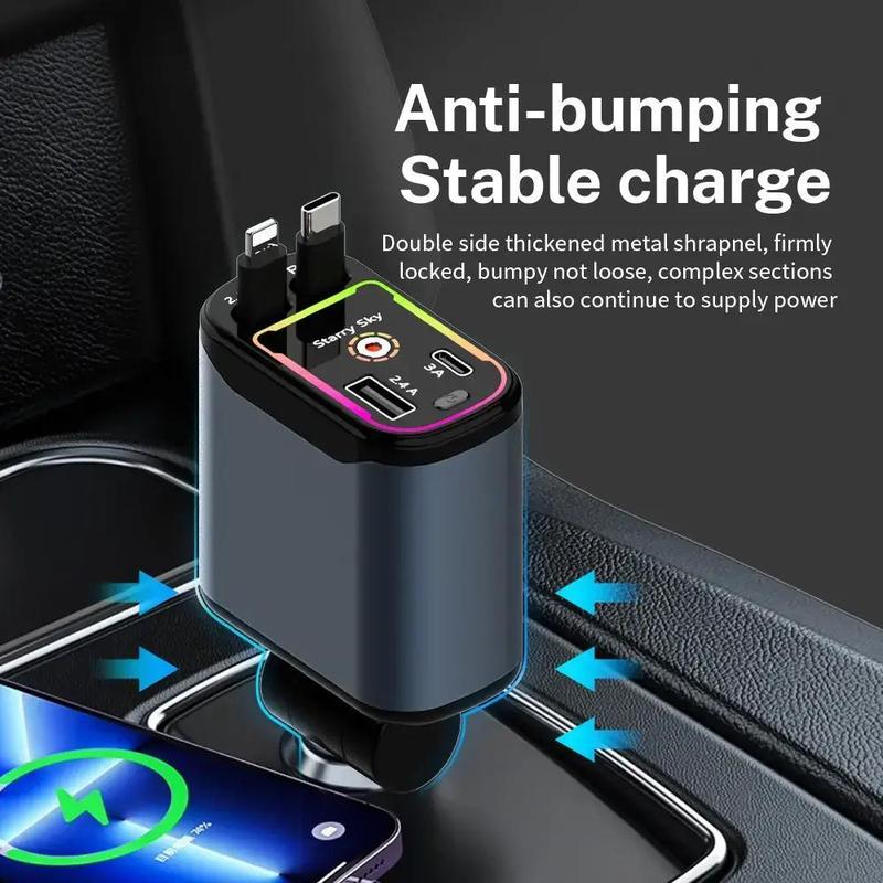 4-in-1 Car Charger, 66W Retractable Car Charger with Star Projector Night Light and LED Decorative Ceiling Light, USB Car Adapter with 2.6ft Retractable Cable Fast Charging Magnetic Wireless Magnetic Charging portable charger