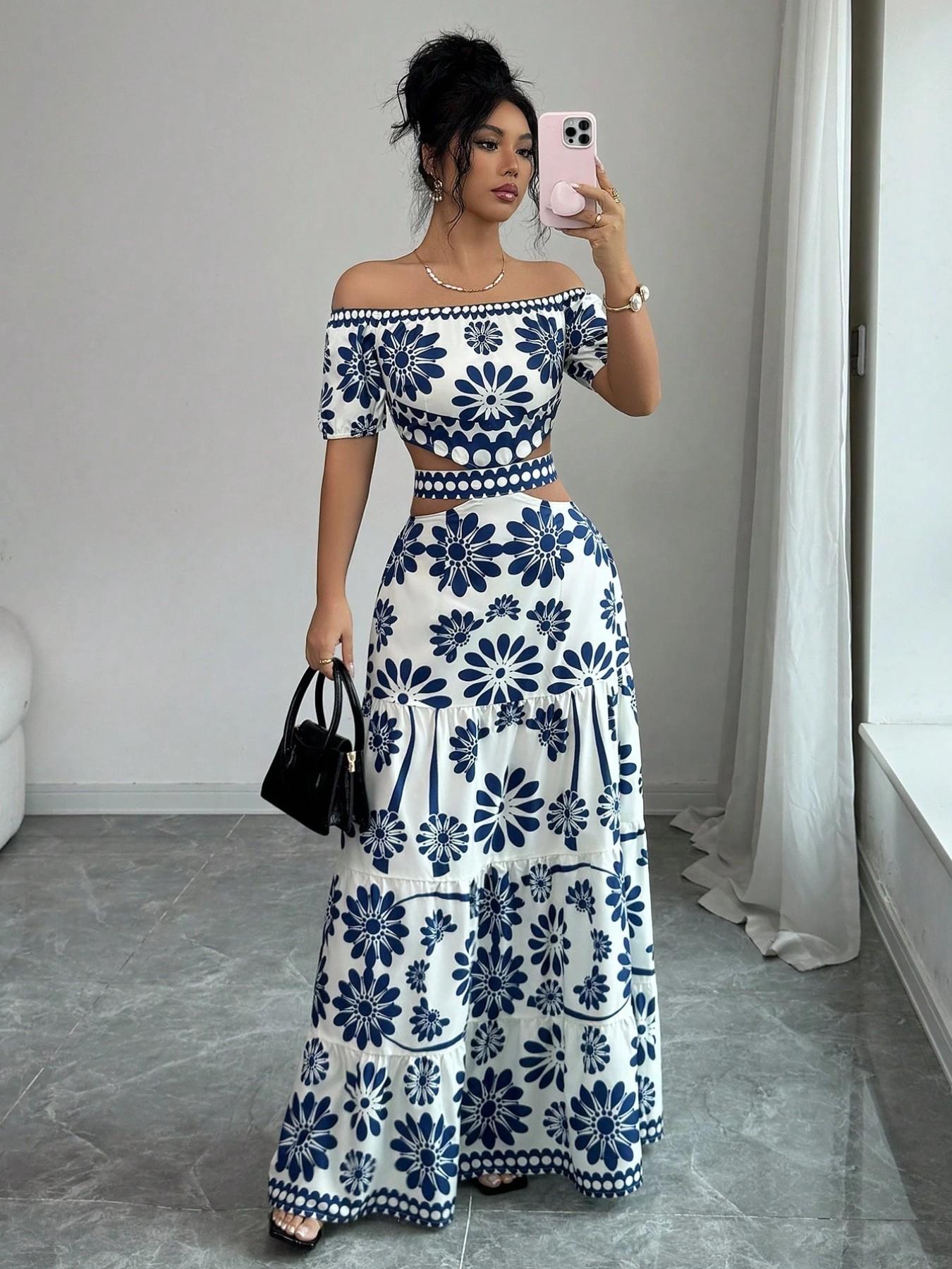 Women's Floral Off-Shoulder Short Sleeve Hollow Out Waist Fashion Chic Dress, Tropical Vacation Women's Dress, Long Dress for Summer Women's Floral Off-Shoulder Short Sleeve Hollow Out Waist Fashion Chic Dress, Tropical Vacation Women's Dress, Long Dress for Summer